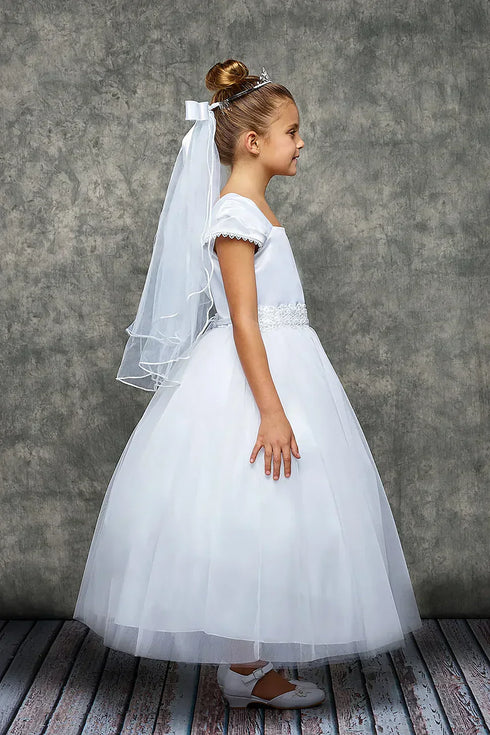 Big Girls White Satin Mesh Lace Beadwork Communion Dress 8-20.5